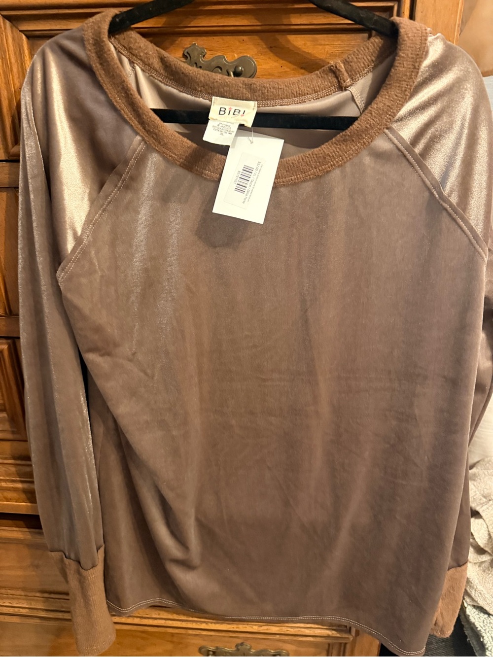 BiBi Taupe Velvet Raglan Sweatshirt with Brown Trim